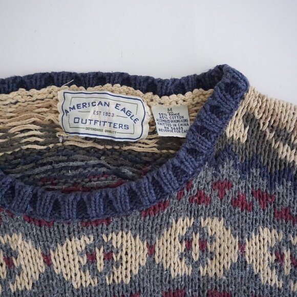 Vintage American Eagle Outfitters Taupe Blue Knit Eclectic Grandpa Crewneck M - Picture 10 of 10